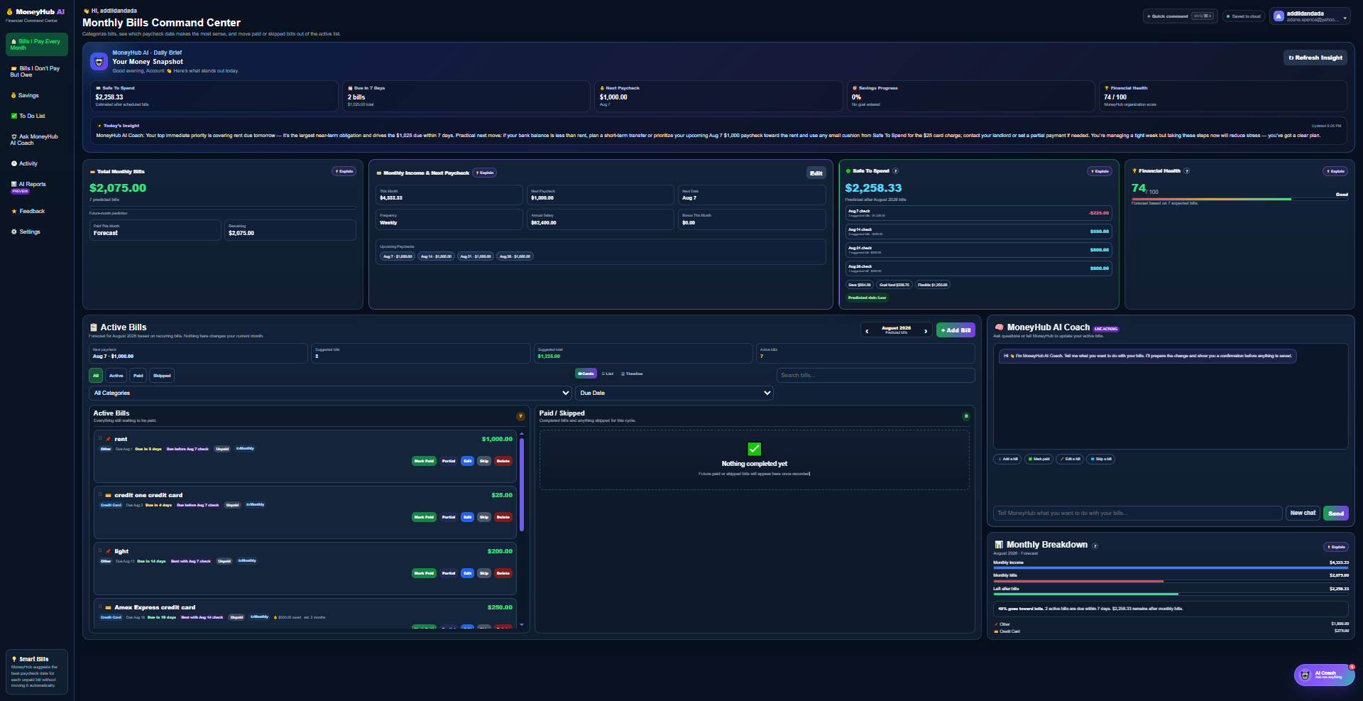 Money Help AI Monthly Bills Command Center dashboard